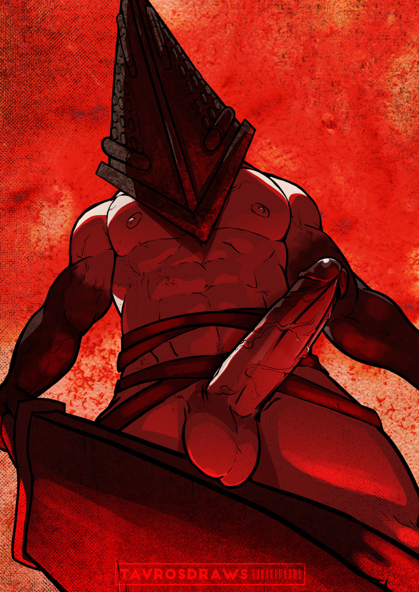 1boy abs balls ballsack big_penis erection foreskin foreskin_folds fully_retracted_foreskin helmet intact low-angle_view male male_nipples male_only muscles muscular_male pecs penis pyramid_head red_background red_theme restricted_palette retracted_foreskin scrotum silent_hill silent_hill_homecoming solo tavrosdraws testicles topless topless_male uncensored uncut veiny_muscles veiny_penis weapon