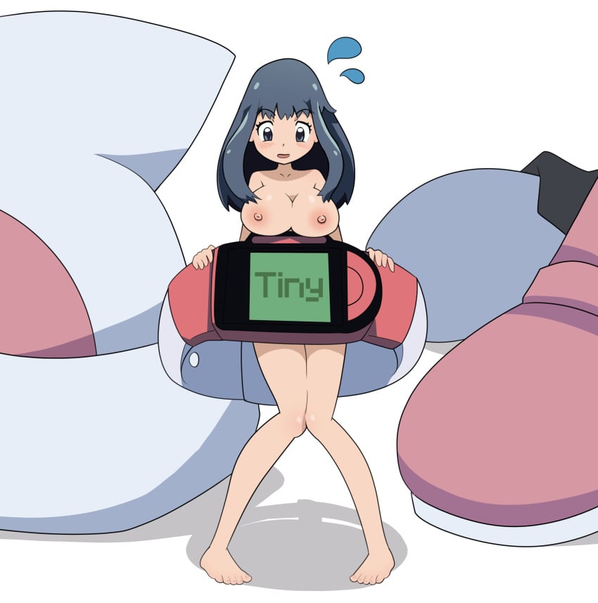 boots breasts covering_pussy dawn_(pokemon) feet hat micro_female naked nipples pokemon pokemon_dppt pokemon_trainer poketch shrinking shrinkymini_(artist) shrunken_woman size_difference toes watch wristwatch