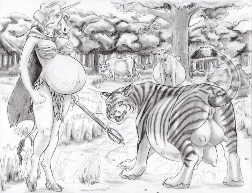 4girls anthro belly beuwens-folder bikini_top_only bloated bovid bovine breasts cape cattle cow cows equid equine felid female feral filling_(disambiguation) group growing hooves horn linea_nigra loincloth long_hair looking_at_viewer looking_back magic mammal multiple_pregnancies outdoors outie_navel pantherine pregnant rapid_pregnancy spontaneous_pregnancy staff standing stretch_marks swelling swollen teats tiger transformation tree udders unicorn wrong_udders