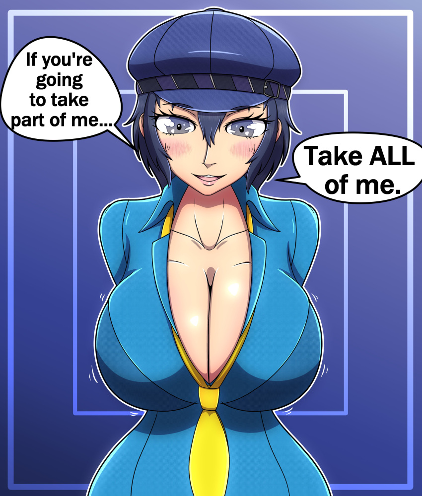 1girls asking_for_it atlus blue_hair blush cleavage dialogue female hat headwear human justdrawingjake large_breasts necktie neckwear pale_skin persona persona_4 shirogane_naoto short_hair text tomboy