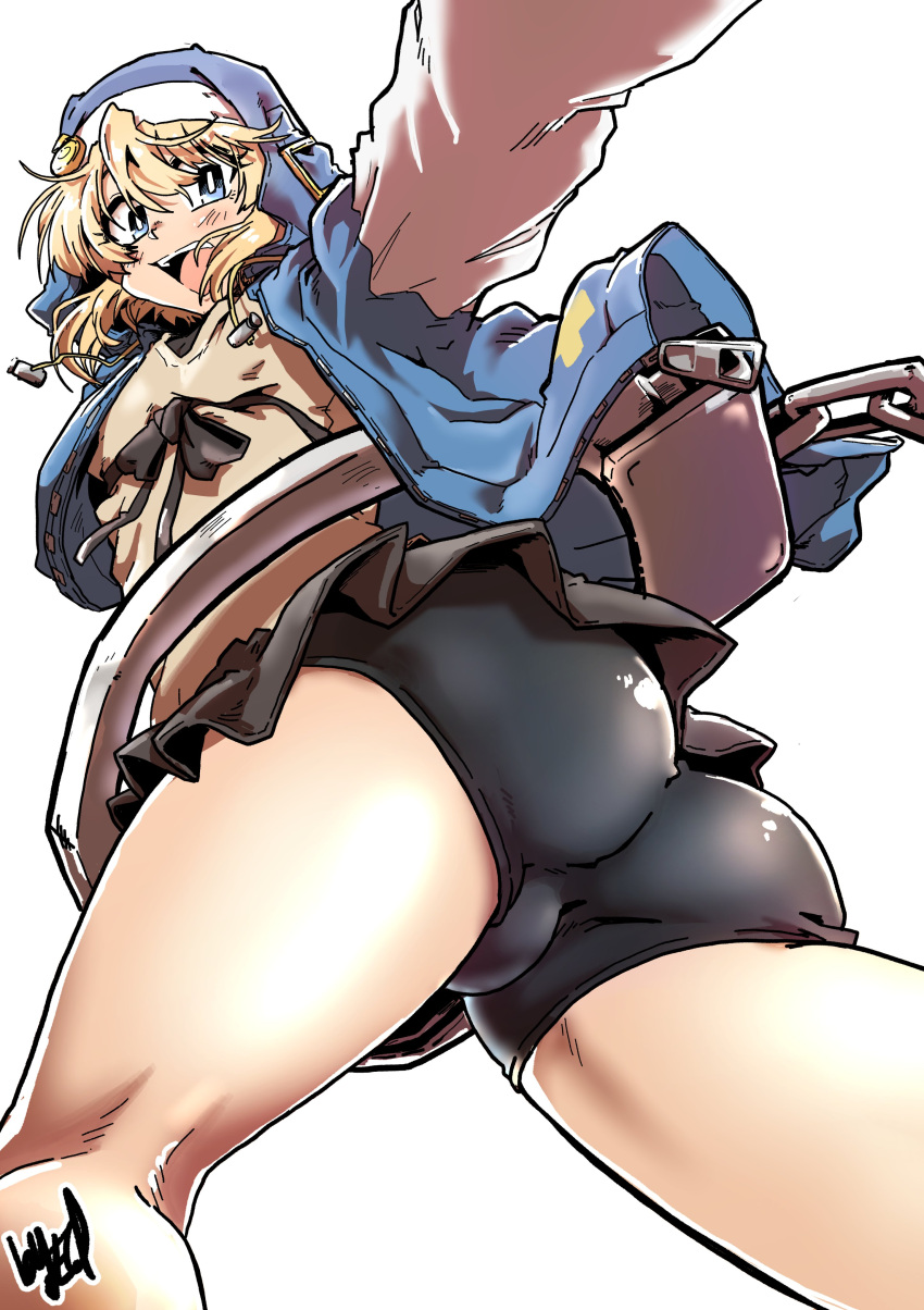 1boy ass backsack balls big_ass big_butt bike_shorts blonde_hair blue_eyes bridget edkuroki femboy guilty_gear guilty_gear_strive long_hair male male_only shorts simple_background skirt solo solo_male spandex_shorts thick_thighs thighs trap white_background