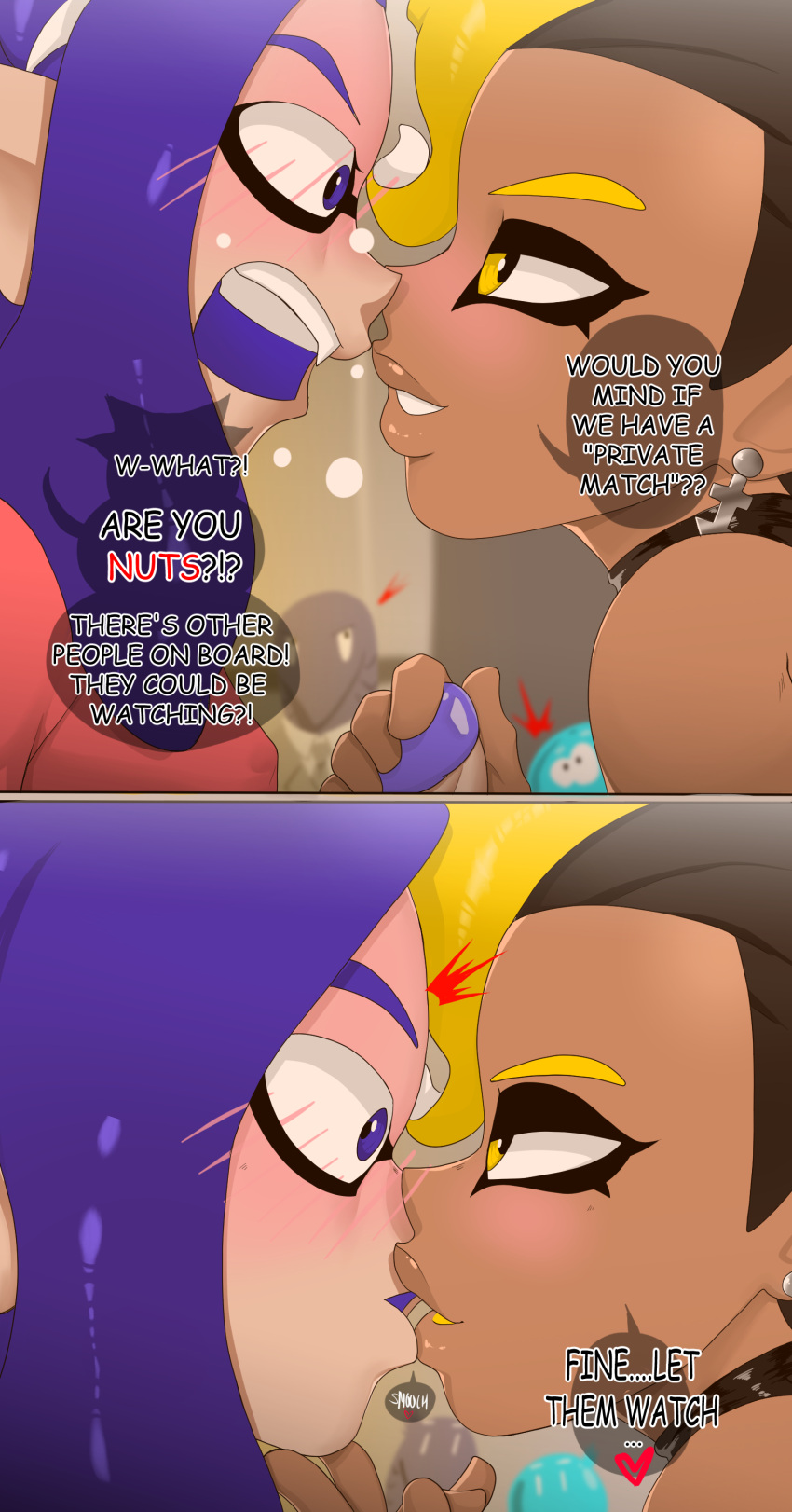 2022 blue_eyes blue_hair blush blush_lines blushing brown_lips comic comic_page dark-skinned_male femboy femboy_on_femboy feminine_male inkling inkling_boy kae-est_art kiss kissing ko_(kae-est_art) light-skinned_male male_only nintendo octoling octoling_boy original original_character page_7 sharp_teeth smooch splatoon text text_bubble yaoi yellow_hair