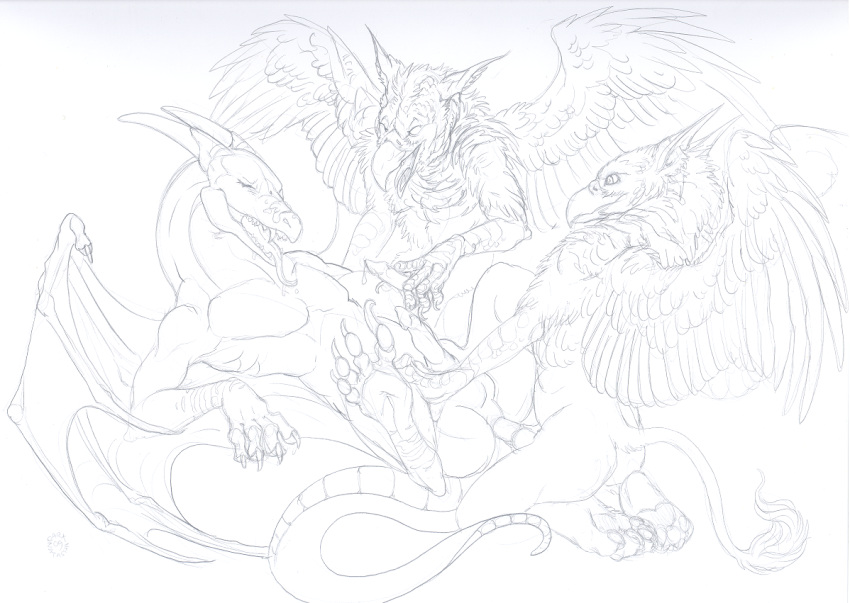 2009 avian black_and_white dark_natasha dragon feral furry furry_only gay gryphon male monochrome no_humans scalie threesome wings