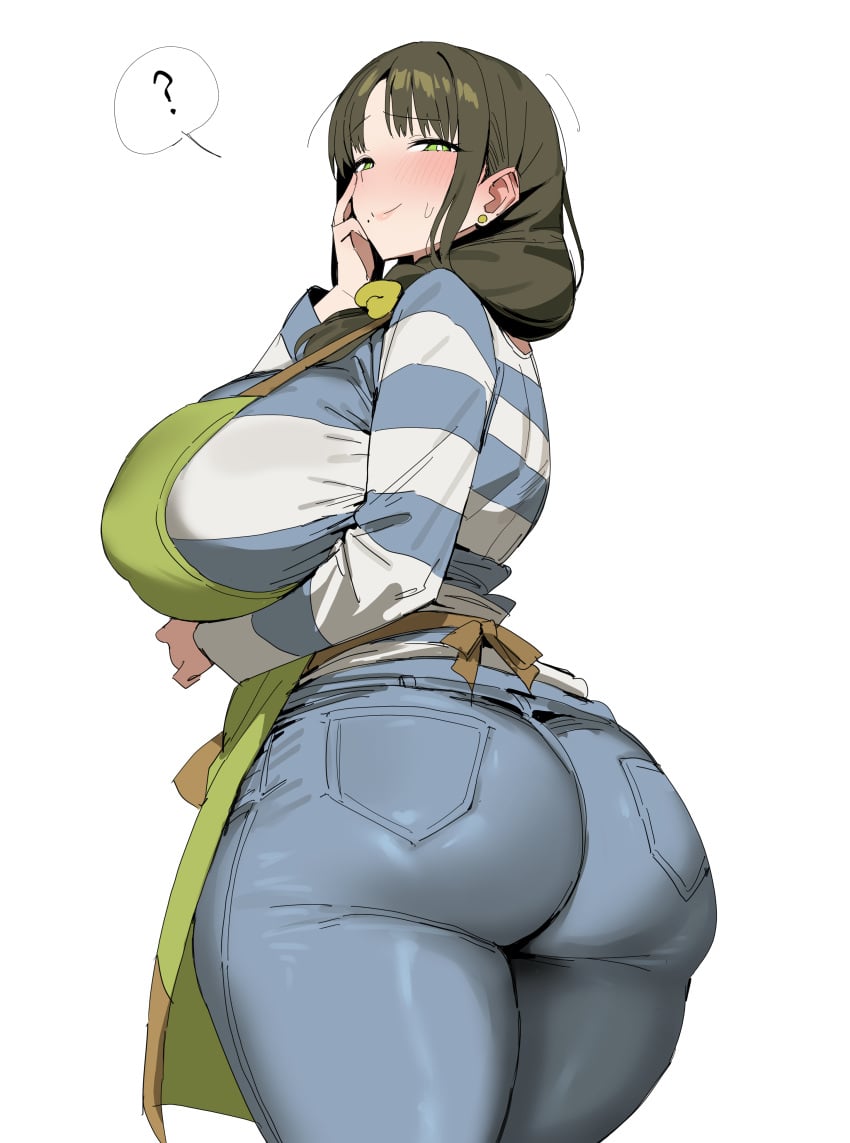 1girl ? absurdres apron ass blue_pants blush breasts bright_pupils closed_mouth commentary_request denim green_eyes green_hair highres huge_breasts indie_virtual_youtuber jeans looking_at_viewer mature_female mole mole_under_mouth pants shirt simple_background smile solo spoken_question_mark striped_clothes striped_shirt tsukushibara_sumine virtual_youtuber white_background white_pupils xipa