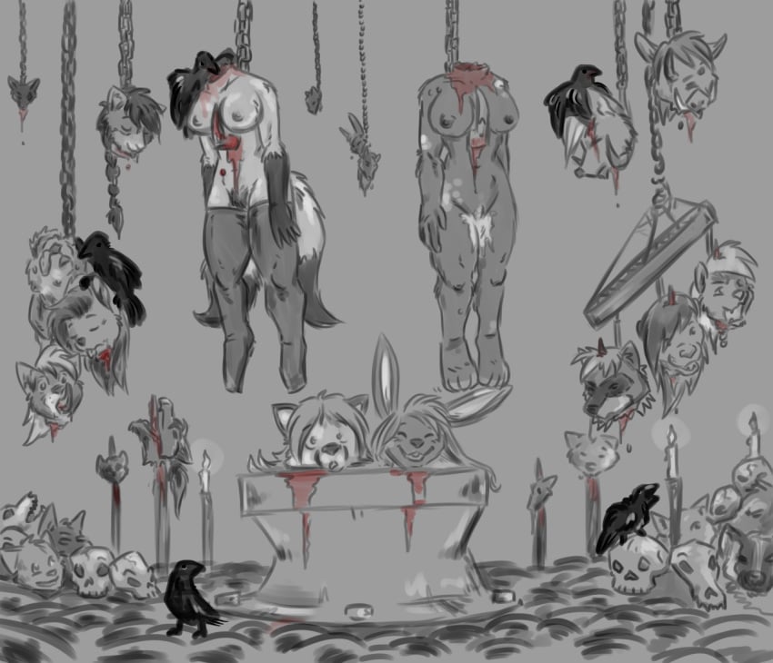 2girls altar ambiguous_gender anthro blood candle canine decapitation feline female fox fur furry guro lagomorph lion meat_hook monochrome nude pike pussy rabbit raccoon severed_head sketch skull smile unknown_artist