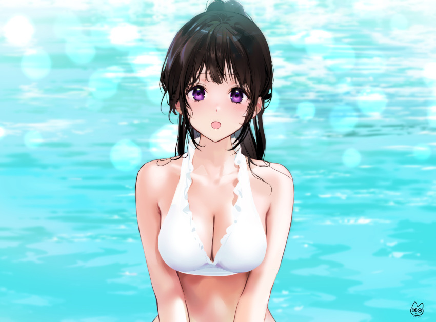 1girls bikini black_hair breast_hold breasts chitanda_eru cleavage hyouka long_hair mery_(yangmalgage) ponytail purple_eyes swimsuit water white_bikini