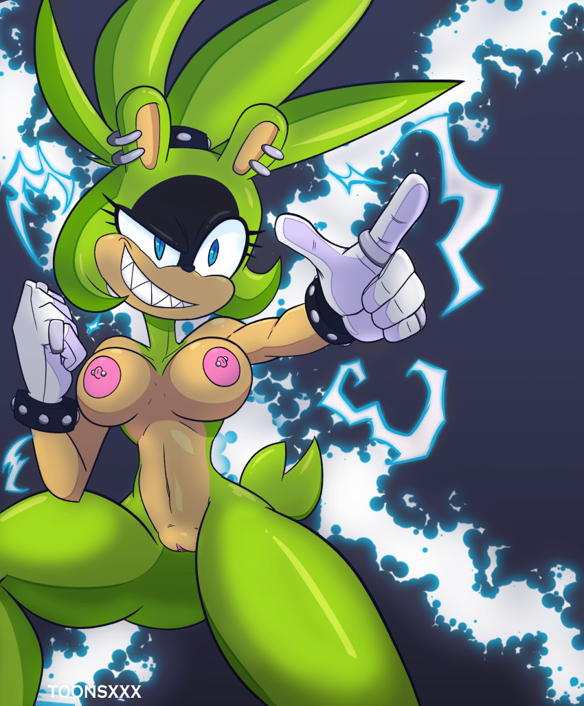 1girls absurd_res afrosoricid anthro big_breasts blue_eyes breasts ear_piercing electricity female green_body green_fur green_hair hi_res idw_comics idw_publishing lightning long_hair mammal mobian_(species) nipple_piercing nipples nude piercing ponytail pussy ring sega sharp_teeth small_waist solo sonic_(series) sonic_the_hedgehog_(comics) sonic_the_hedgehog_(idw) sonic_the_hedgehog_(series) surge_the_tenrec tenrec toonsxxx