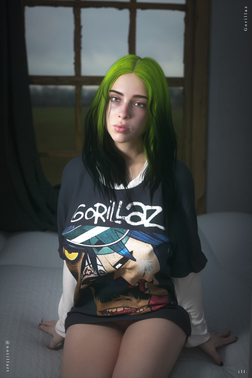 3d areolae bed bedroom bedroom_eyes big_breasts billie_eilish black_hair blue_eyes breasts busty celebrity female female_focus female_only gorillaz hi_res hourglass_figure long_hair nipples notill pinup pinup_pose pose posing realistic solo tagme two_tone_hair wide_hips