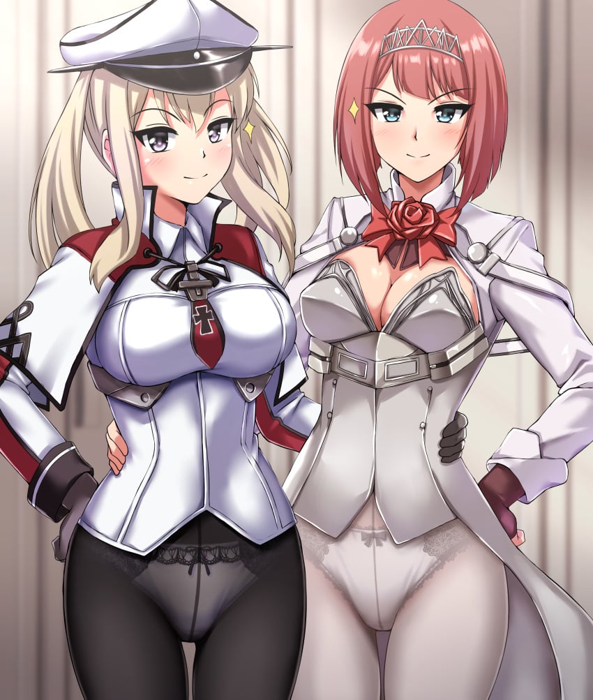 2022 2girls ark_royal_(kantai_collection) blonde_hair blue_eyes blush bow_panties breasts cleavage corset gloves graf_zeppelin_(kantai_collection) hand_on_hip hat kantai_collection looking_at_viewer military_uniform no_pants panties panties_under_pantyhose pantyhose purple_eyes red_hair short_hair standing tagme thighs white_panties zanntetu