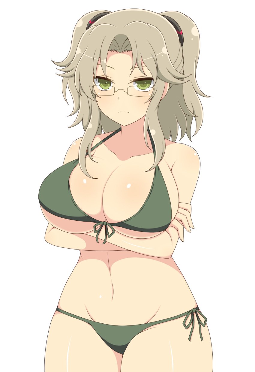 arms_under_breasts bangs breasts cleavage crossed_arms eyewear female female front-tie_bikini front-tie_top frown glasses green_bikini green_eyes ichiryuu_tsumiki imu_(senran_kagura) large_breasts looking_at_viewer looking_over_eyewear looking_over_glasses navel parted_bangs rimless_eyewear senran_kagura senran_kagura_(series) side-tie_bikini side-tie_bottom sidelocks solo standing swimsuit