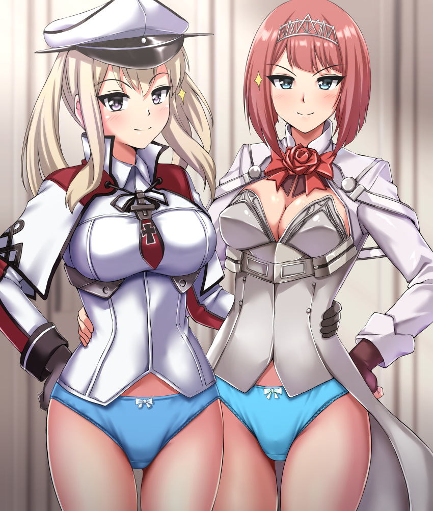 2022 2girls ark_royal_(kantai_collection) blonde_hair blue_eyes blue_panties blush bow_panties breasts cleavage corset gloves graf_zeppelin_(kantai_collection) hand_on_hip hat kantai_collection looking_at_viewer military_uniform no_pants panties purple_eyes red_hair short_hair standing tagme thighs zanntetu