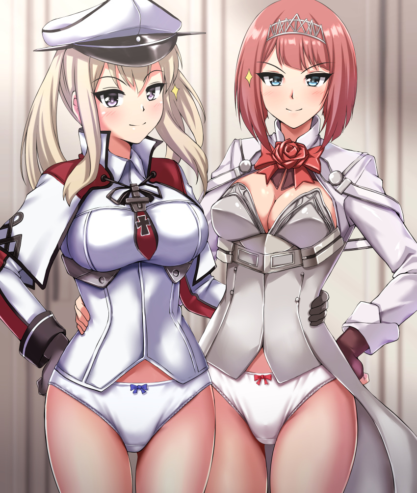 2022 2girls ark_royal_(kantai_collection) blonde_hair blue_eyes blush bow_panties breasts cleavage corset gloves graf_zeppelin_(kantai_collection) hand_on_hip hat kantai_collection looking_at_viewer military_uniform no_pants panties purple_eyes red_hair short_hair standing tagme thighs white_panties zanntetu