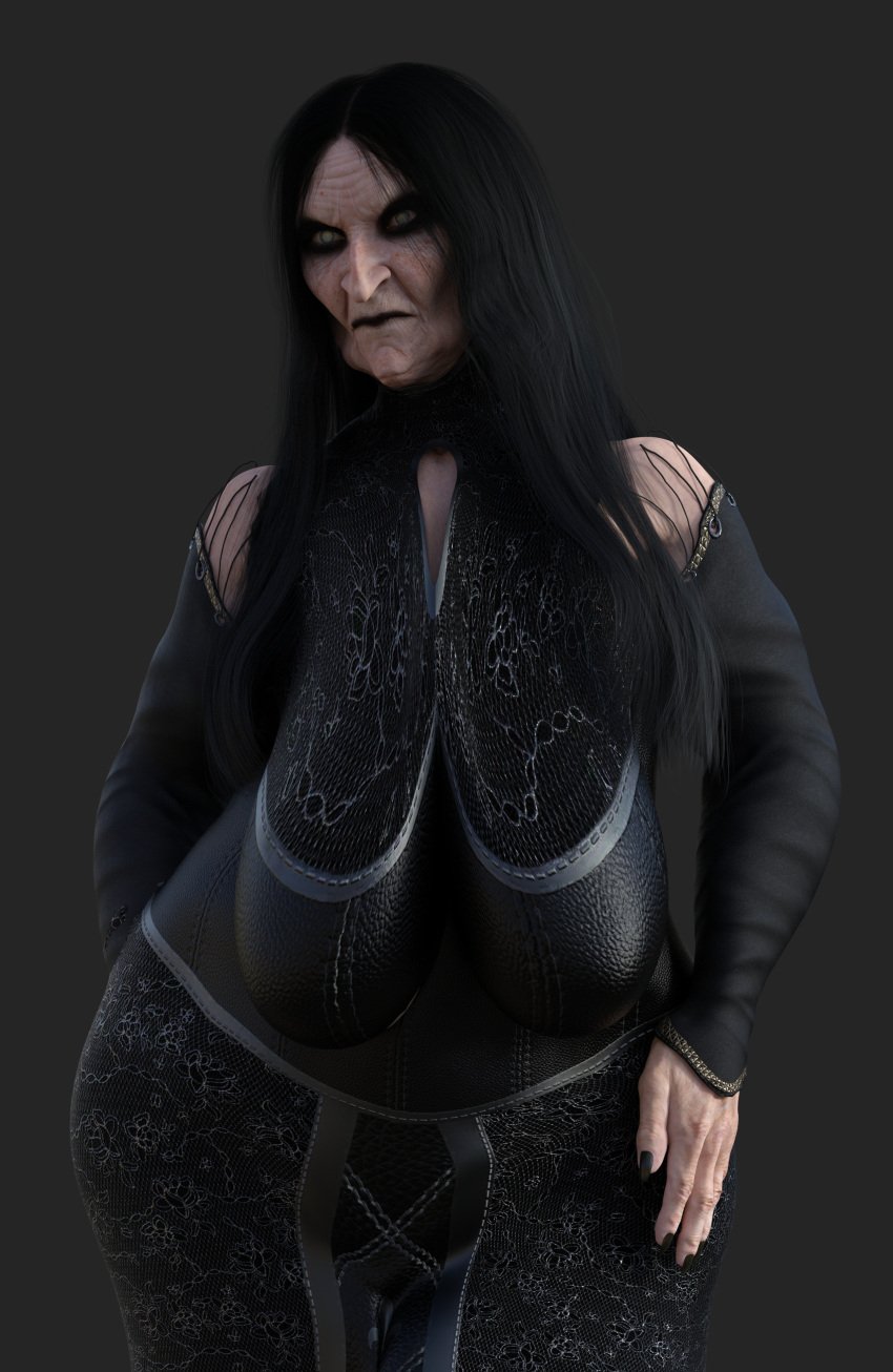 1girls 3d 3d_(artwork) big_breasts black_armwear black_dress black_hair black_lips black_lipstick black_nails cleavage clothed clothing daz3d daz_studio dress edna_church_(lhf3d) gilf granny grey_eyes hag large_breasts long_hair long_nose lowhangingfruit3d_(artist) mature mature_female nipple_bulge nipples old older_female original_character pale-skinned_female pale_skin wide_hips witch