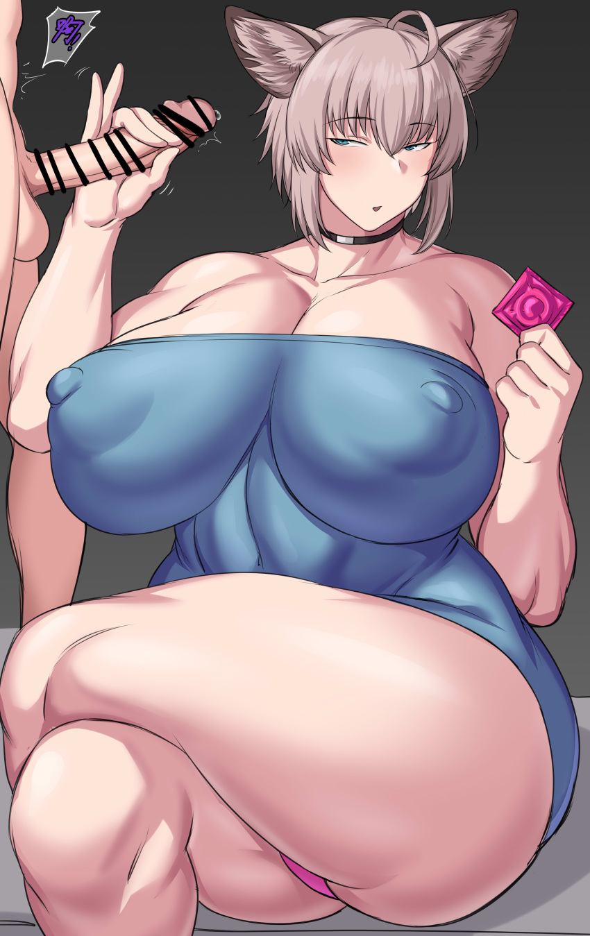 1boy 1girls alternate_body_size alternate_body_type alternate_breast_size animal_ears arknights big_breasts big_penis blue_eyes breasts busty censor_bar censored censored_penis choker cleavage condom curvaceous curvy curvy_body curvy_female curvy_figure enormous_breasts female female_focus handjob huge_breasts large_breasts light-skinned_female light-skinned_male light_skin looking_at_penis love321 nipples nipples_visible_through_clothing penis sussurro_(arknights) thick_thighs thighs unopened_condom_wrapper venus_body voluptuous