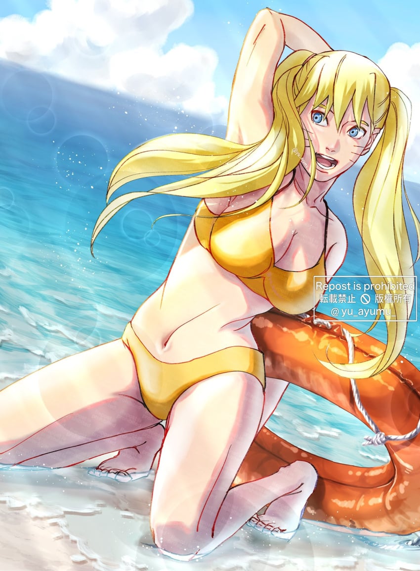 1girls armpits arms_behind_head arms_up barefoot beach bikini bikini_bottom bikini_top blonde_female blonde_hair blue_eyes breasts cleavage facial_markings feet female female_focus female_only fully_clothed gender_transformation genderswap_(mtf) highres kneeling light-skinned_female light_skin long_hair medium_breasts naruko naruto naruto_(classic) naruto_(series) naruto_shippuden ocean on_knees open_mouth orange_bikini orange_panties orange_swimsuit outdoors outside pale-skinned_female pale_skin panties pinup pose posing rule_63 sexy_no_jutsu shounen_jump solo solo_female solo_focus swimsuit tied_hair tiptoes toes twintails uzumaki_naruto whisker_markings whiskers yellow_hair yu_ayumu_