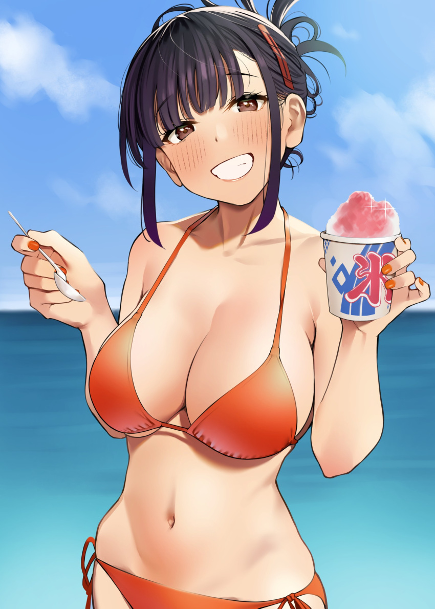 1girls bangs bikini blush breasts brown_eyes cleavage dark_blue_hair day female female_focus folded_ponytail hairclip highres igarashi_kyouhei large_breasts light-skinned_female light_skin medium_hair nail_polish navel ocean orange_bikini orange_nails original original_character outdoors red_eyes shaved_ice side-tie_bikini sidelocks sky smile solo spoon summer swimsuit