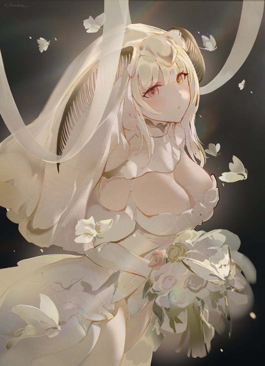 1girls bangs bouquet breasts bridal_veil bride chowbie cleavage dark_background detached_collar dress elbow_gloves female female_focus flower gloves highres large_breasts leotard light-skinned_female long_hair looking_at_viewer moth moth_girl original red_eyes strapless_leotard veil wedding_dress white_gloves white_hair white_leotard