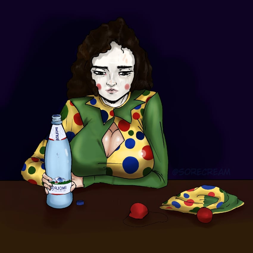 bebey_(streamer) big_breasts borjomi breasts brown_hair choker clown clown_girl clown_makeup clown_nose clussy_bebs polka_dot polka_dot_clothing polka_dot_hat polka_dot_topwear rule_63 sad sad_face sorecream water_bottle youtube youtuber деградач