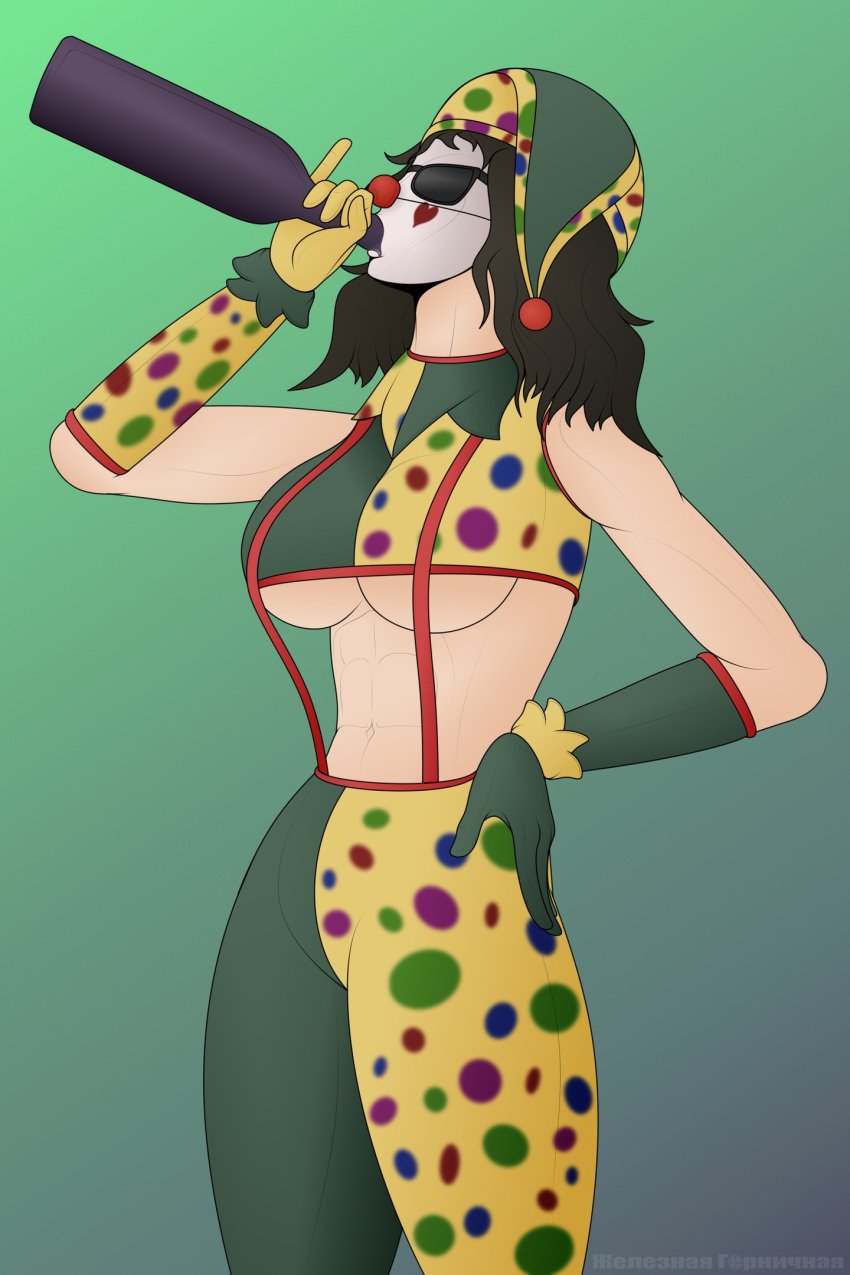 2d 2d_(artwork) bebey_(streamer) belly belly_button big_breasts breasts brown_hair choker clown clown_girl clown_makeup clown_nose clussy_bebs cuffs hand_on_hip polka_dot polka_dot_hat polka_dot_legwear polka_dot_topwear rule_63 sunglasses suspenders underboob wine wine_bottle youtube youtuber деградач железная_горничная