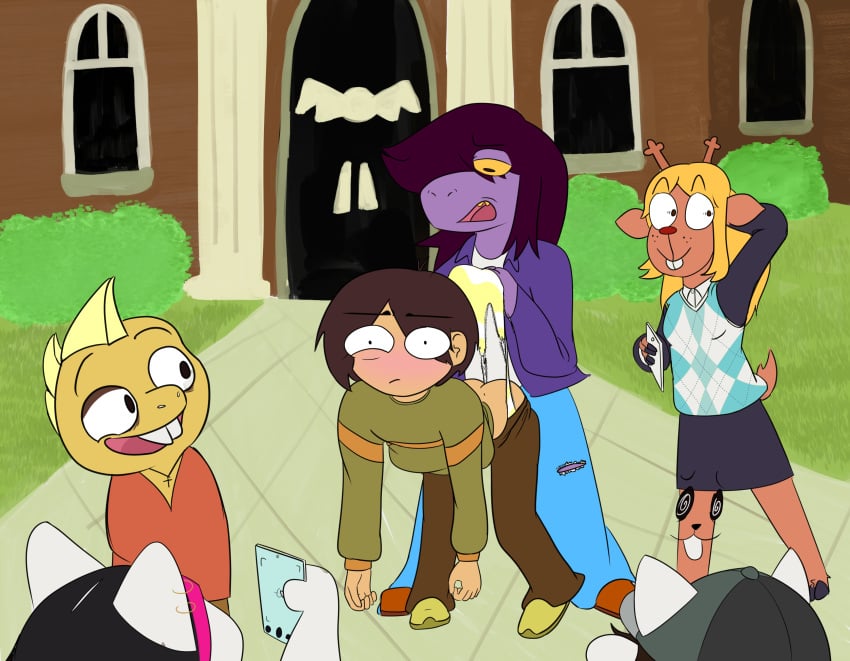 2d absurd_res ambiguous_gender anthro antlers black_hair blonde_hair bottomwear brown_hair buckteeth catti_(deltarune) cervid clothing deltarune denim denim_clothing embarrassed felid feline female femdom floating_face futadom group hair hi_res hooves horn human humanoid jacket jeans kris_(deltarune) male male/female malesub mammal monster monster_kid noelle_holiday outside panties pants pattern_clothing pattern_underwear phone pink_hair poncho purple_body purple_hair purple_scales recording recording_on_phone rogueschiz0 scales scalie skirt spikes spikes_(anatomy) spiral_eyes striped_clothing striped_underwear stripes susie_(deltarune) sweater sweater_vest taking_picture teeth temmie_(deltarune) temmie_(undertale) topwear undertale undertale_(series) underwear vest video_games wedgie white_clothing white_panties white_underwear yellow_body yellow_clothing yellow_panties yellow_scales yellow_sclera yellow_underwear