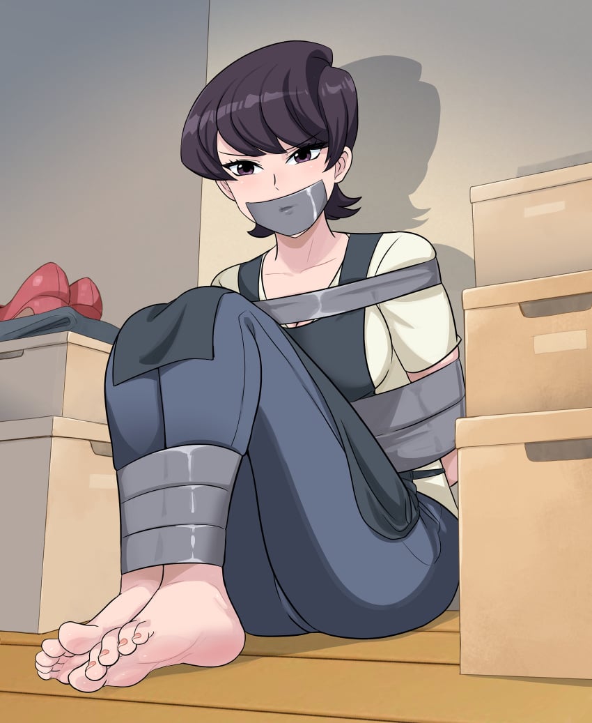 1girls arms_tied_behind_back barefoot black_hair bondage bound bound_ankles feet gag gagged komi-san_wa_komyushou_desu komi_shuuko looking_at_viewer lostonezero milf purple_eyes restrained soles tape_bondage tape_gag tied_up