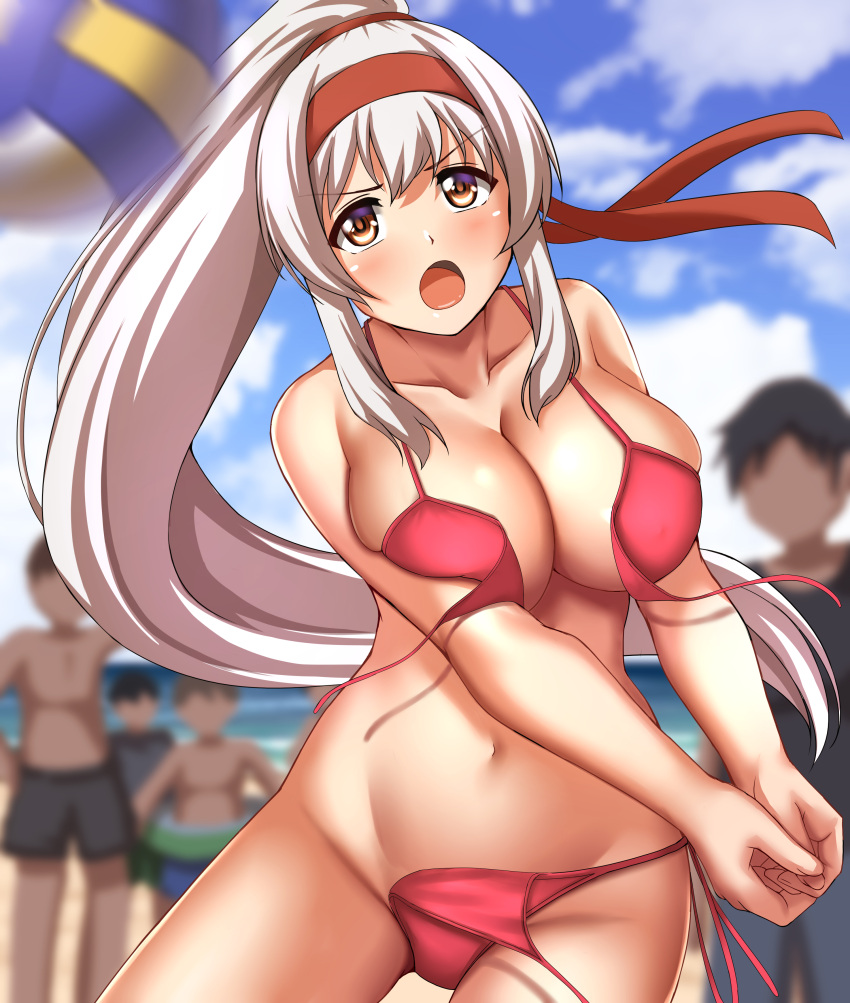 1girls 2022 beach bikini blush breasts brown_eyes headband kantai_collection large_breasts long_hair navel outside ponytail red_bikini shoukaku_(kantai_collection) side-tie_bikini tagme volleyball wardrobe_malfunction white_hair zanntetu