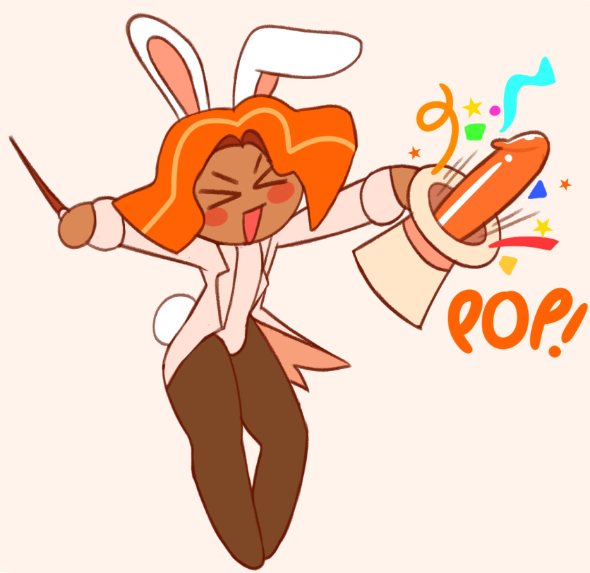 >_< 1boy :d blush bunny_ears bunny_tail bunnysuit cartoony cinnamon_cookie closed_eyes confetti cookie_run dark-skinned_male dark_skin dildo happy hat holding holding_hat magic magic_trick magic_wand magician open_mouth orange_hair phallic sex_toy simple_background smile solo tan_background tan_body tan_skin thick_thighs