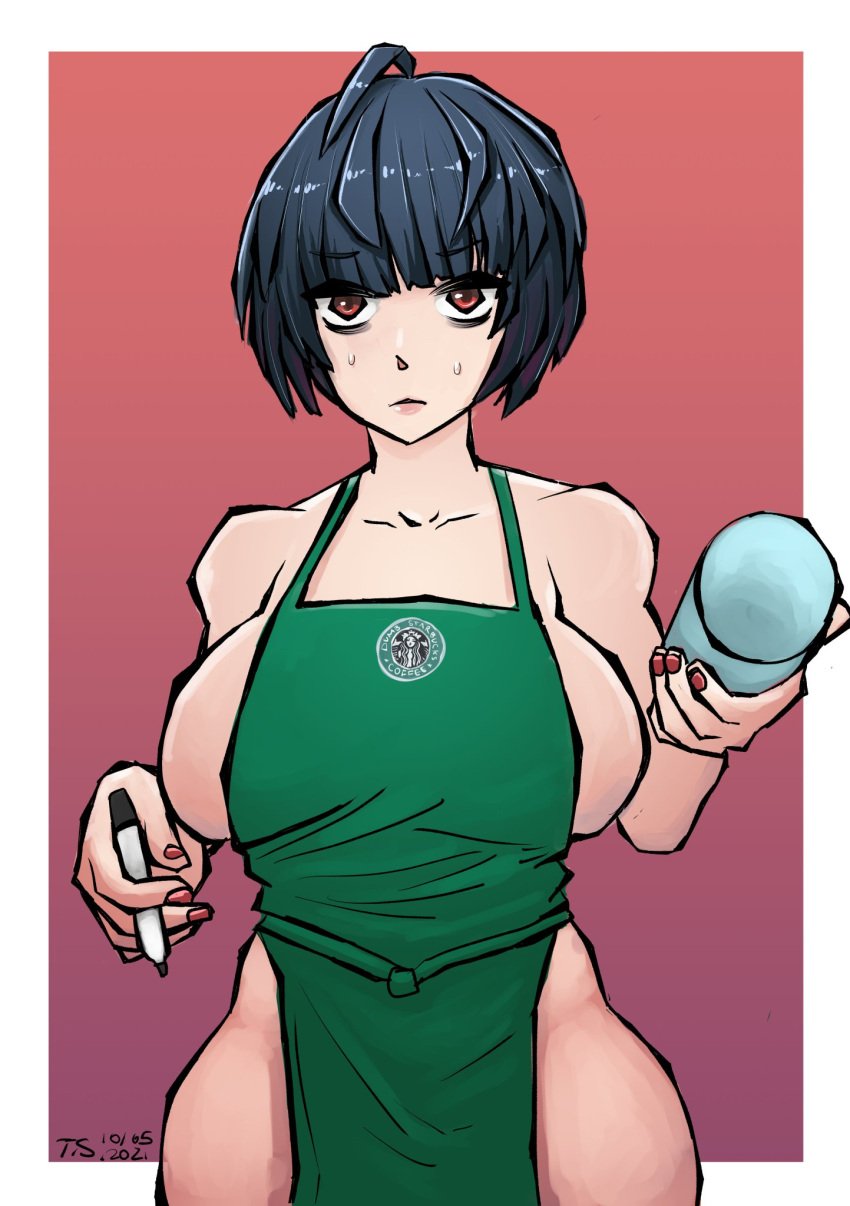 1girls apron big_breasts breasts clothed green_apron iced_latte_with_breast_milk light-skinned_female light_skin looking_at_viewer megami_tensei meme persona persona_5 short_hair tae_takemi thighs tomboy_sama voluptuous