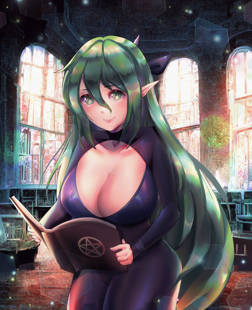 1girls alternate_costume alternate_version_available bodystocking book bow breasts cleavage commission cosplay female female_only fire_emblem fire_emblem:_new_mystery_of_the_emblem fire_emblem:_shadow_dragon fire_emblem_awakening green_eyes green_hair indoors large_breasts long_hair nagi_(fire_emblem) necklace nintendo pointy_ears reading ring smile solo tharja_(fire_emblem)_(cosplay) thick_thighs thighs very_long_hair waihihi waiwai