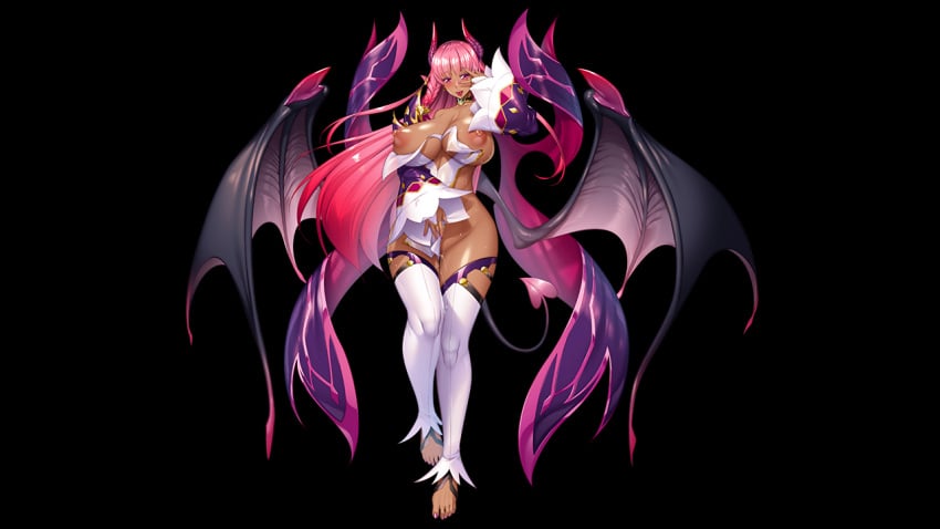 1girls aoi_nagisa_(artist) armwear bat_wings big_breasts black_background blush bodily_fluids braided_hair breasts clothing cum cum_in_pussy cum_inside dark_body dark_nipples dark_skin demon detached_sleeves digital_media_(artwork) feet female genital_fluids gesture hair hi_res horn horned_humanoid huge_breasts humanoid legwear membrane_(anatomy) membranous_wings nipples official_art orb phantasma_(taimanin_asagi) phantasma_(taimanin_rpgx) pink_eyes pink_hair purple_sleeves solo spade_tail succubus sweat taimanin_(series) taimanin_rpgx thigh_highs toes v_sign white_clothing white_legwear white_thigh_highs wings