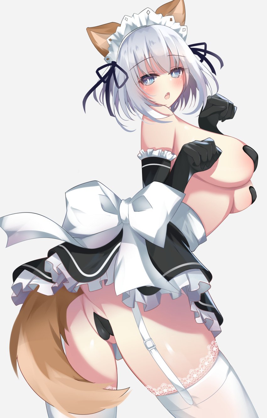 1girls animal_ears ass blue_eyes blush breasts covered_nipples covered_pussy date_a_live garter_straps hair_ornament highres huge_breasts legwear looking_at_viewer maid maid_uniform no_panties short_hair simple_background solo_focus standing tail tobiichi_origami white_background white_hair white_legwear yuki_kuro