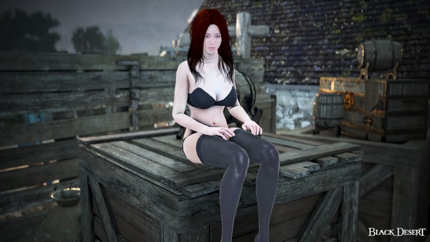 black_desert_online black_stockings black_underwear blue_eyes half-dressed lahn nipples_visible_through_clothing realistic red_hair screencap stockings stockings_thigh_highs young younger_female