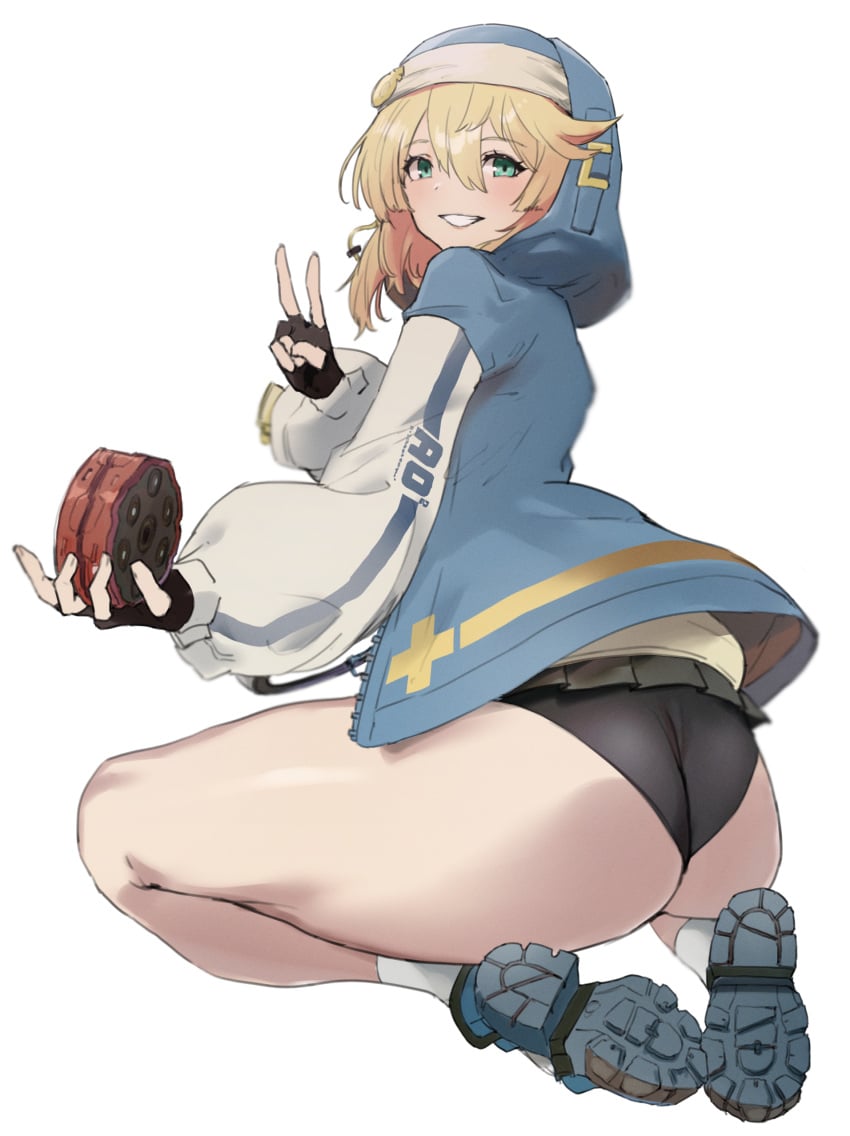 1boy androgynous big_ass big_butt blonde_hair blue_eyes bridget bridget_grin eye_contact fingernails gloves guilty_gear guilty_gear_strive kataku_musou long_hair looking_at_viewer male male_only miniskirt peace_sign skirt smile solo solo_male thick_thighs thighs