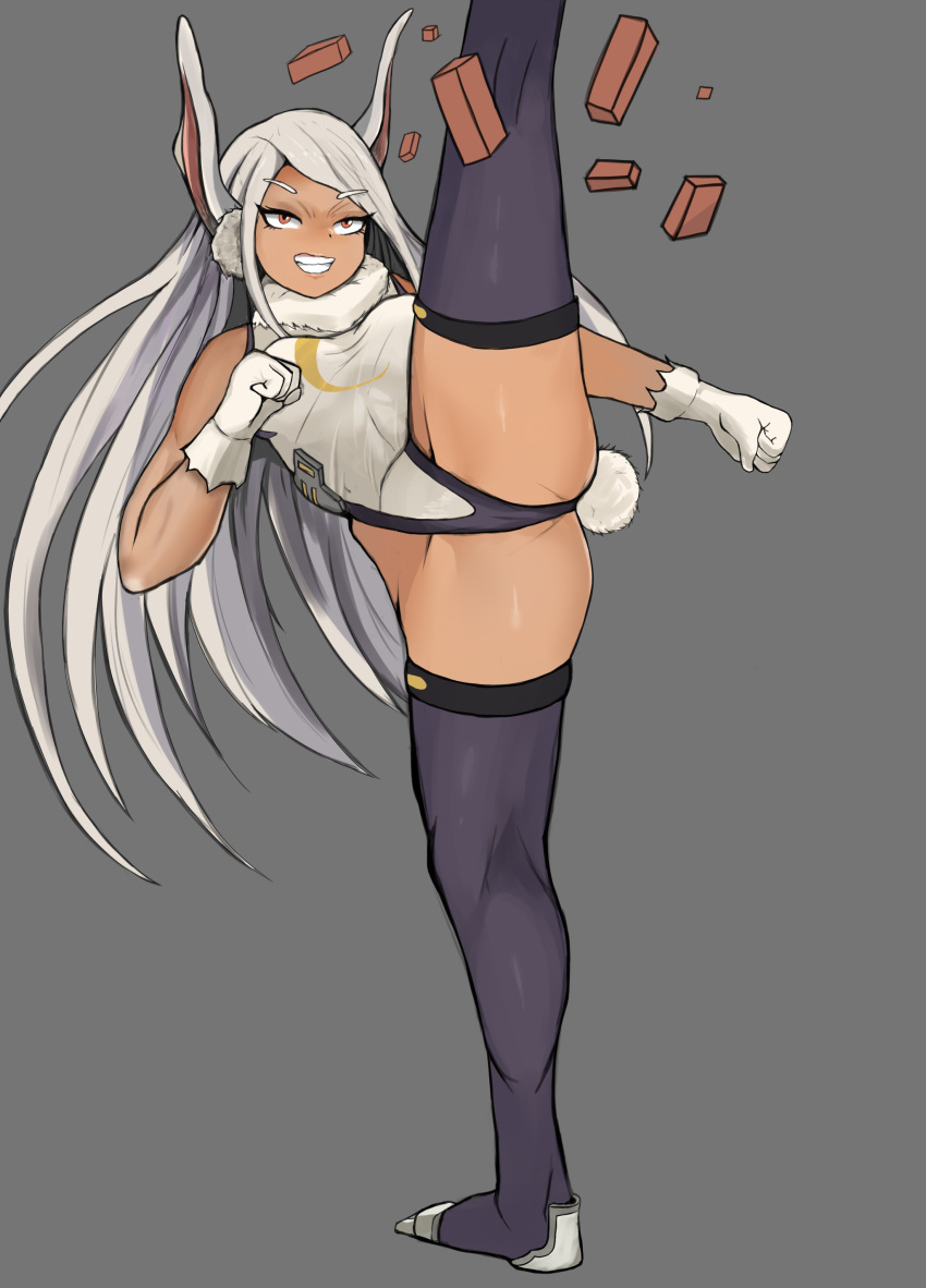 1girls 2020 action_pose alien_adviser animal_ears ass bunny_ears bunny_girl bunny_tail cameltoe gloves grin kicking leotard long_hair miruko my_hero_academia red_eyes rumi_usagiyama solo solo_female tail thighhighs thighs vertical_splits white_hair