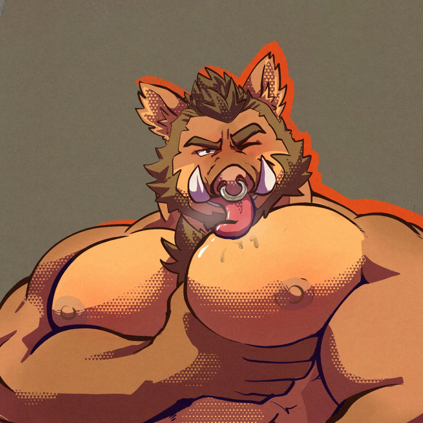 2022 abs anthro barazoku beard big_muscles big_pecs bodily_fluids body_hair brown_body brown_fur brown_hair bust_portrait chest_hair chest_lick eyebrows facial_hair facial_piercing fur grey_background hair hi_res huge_muscles huge_pecs licking looking_at_viewer male male_only mammal muscular muscular_anthro muscular_male narrowed_eyes nipples nose_piercing nose_ring nosoyunoso nude one_eye_closed pec_grab pec_grasp pec_squeeze pecs piercing portrait ring_piercing saliva seductive self_lick shaded simple_background smile solo suid suina sus_(pig) teeth tongue tongue_out tuft tusks wild_boar wink