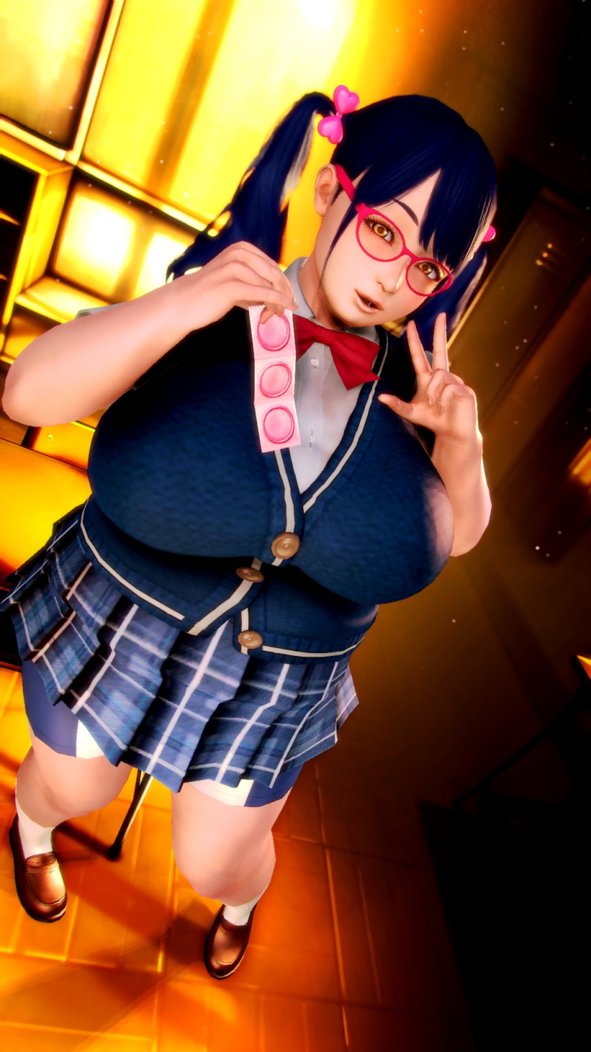 1girls 3d big_breasts breasts busty condom curvaceous curvy curvy_body curvy_female curvy_figure female female_focus glasses huge_breasts large_breasts nikuko_(galko) oshiete!_galko-chan peace_sign school_uniform schoolgirl schoolgirl_uniform voluptuous yaotama