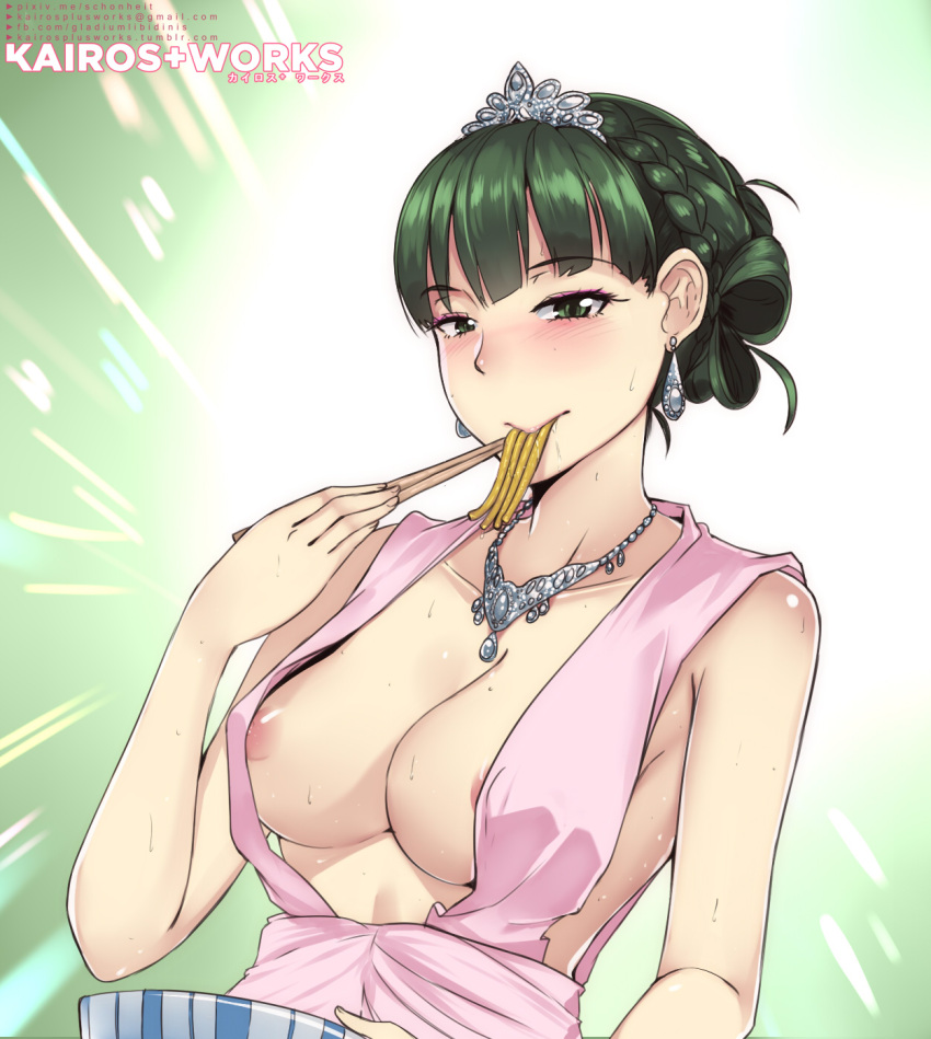 1girls areola_slip blush breasts chopsticks cleavage eating female green_eyes green_hair kairos+ looking_at_viewer necklace nipples noodles ojou_(galko) oshiete!_galko-chan pale-skinned_female solo sweat
