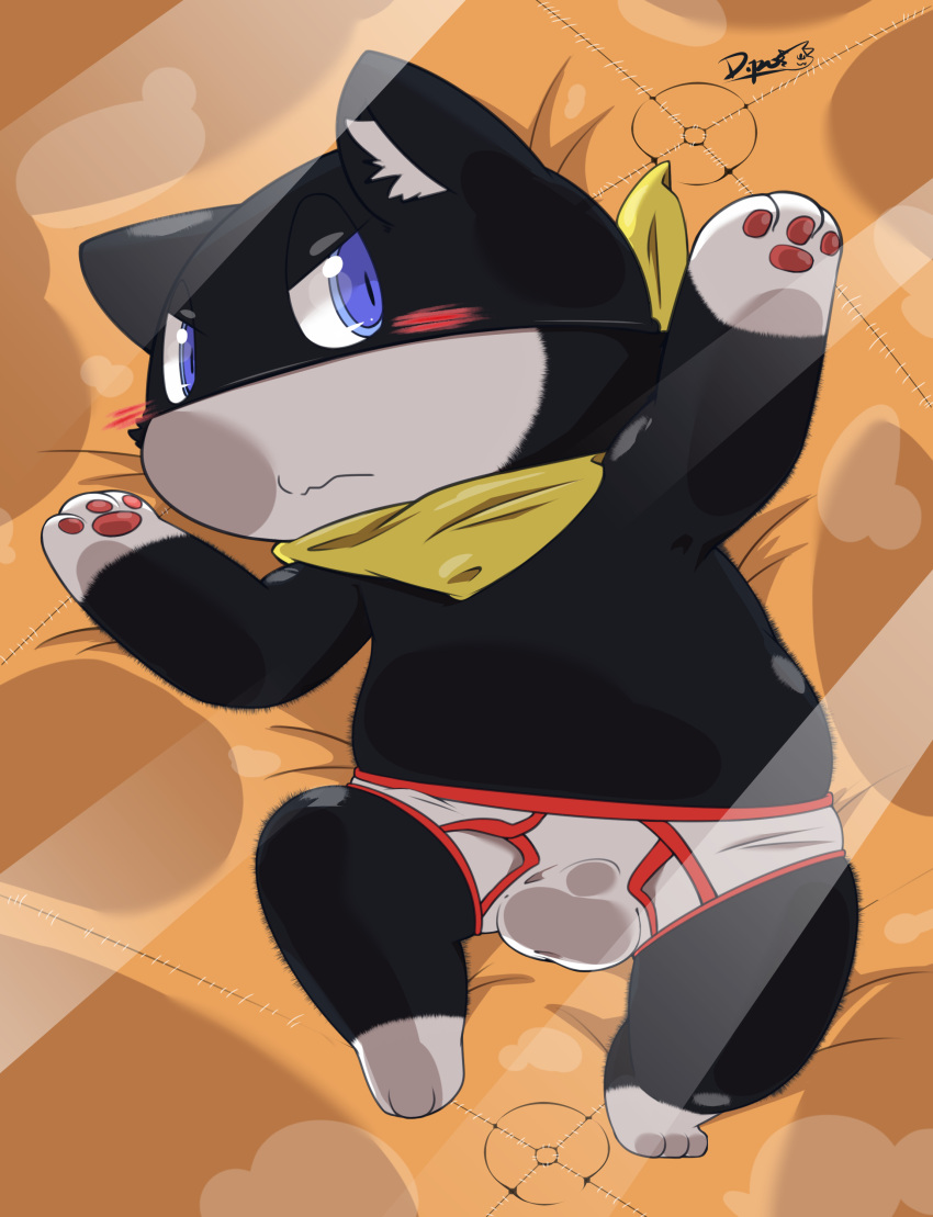 absurd_res against_surface anthro atlus bandana black_body black_fur blush briefs bulge clothing detailed_bulge dipo_(artist) domestic_cat felid feline felis fur hi_res kerchief male male_focus male_only mammal megami_tensei megami_tensei_persona morgana_(persona) on_glass pawpads short_stack shortstack slightly_chubby solo solo_male tighty_whities underwear video_games white_briefs white_clothing white_underwear