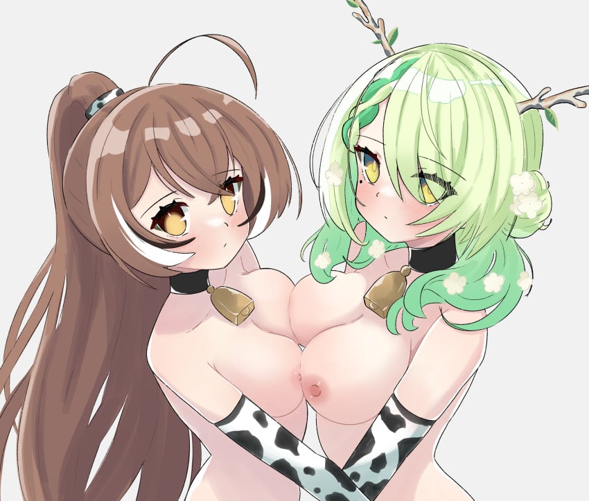 2girls beauty_mark bell_collar brown_hair ceres_fauna choker cow_print cowbell cowlick exposed_breasts flowers_in_hair green_hair hololive hololive_english hololive_english_-council- hololive_english_-promise- horns long_sleeves looking_at_viewer magui multiple_girls nanashi_mumei ponytail pov pov_eye_contact pressing_breasts_together single_braid virtual_youtuber yellow_eyes