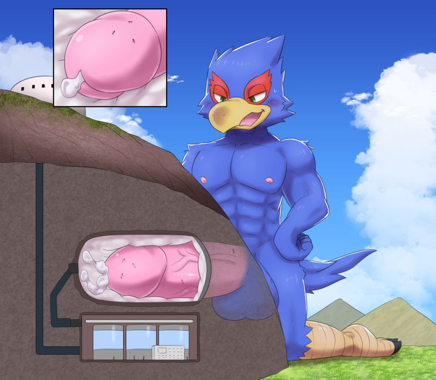 anthro avian bird blue_body bodily_fluids erection facility falco_lombardi genital_fluids genitals hi_res internal machine macro male milking_machine mountain nintendo ofuro penetration penile penis penis_milking precum solo star_fox tunnel video_games worship