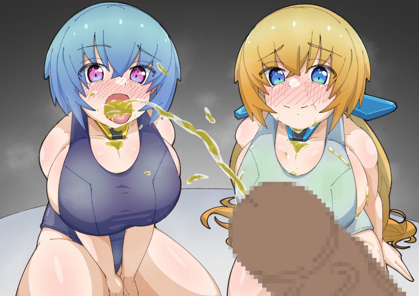 blue_hair caguya drinking_urine frame_arms_girl human_toilet peeing peeing_in_mouth peeing_on_another peeing_pov piss_drinking school_swimsuit swimsuit urine urine_in_mouth urine_pool watersports