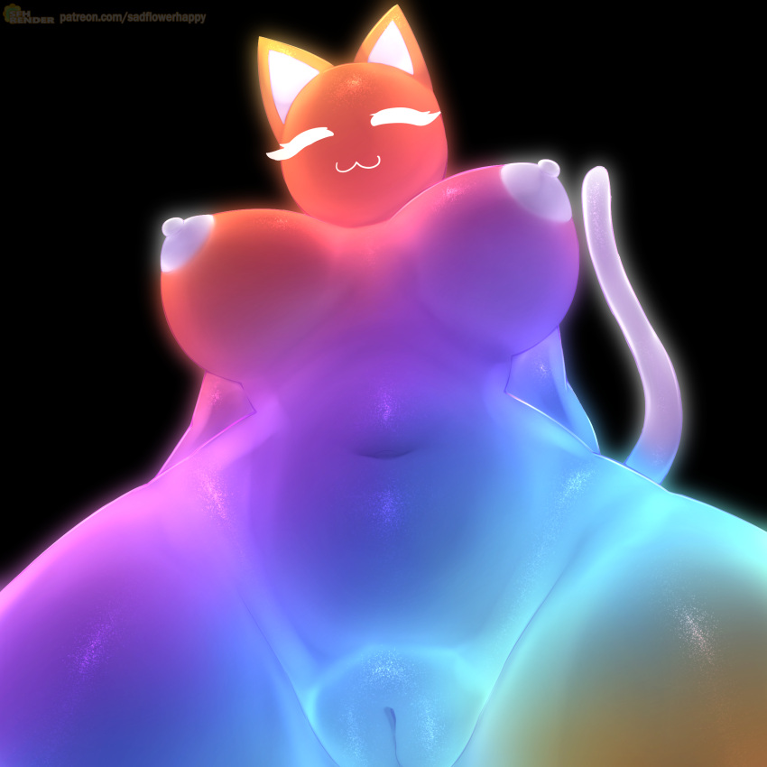 anthro big_breasts breasts closed_eyes domestic_cat dyingnage felid feline felis female front_pussy genitals hi_res looking_at_viewer looking_down low-angle_view mammal multicolored_body navel nude pussy rainbow_(sadflowerhappy) sadflowerhappy solo thick_thighs