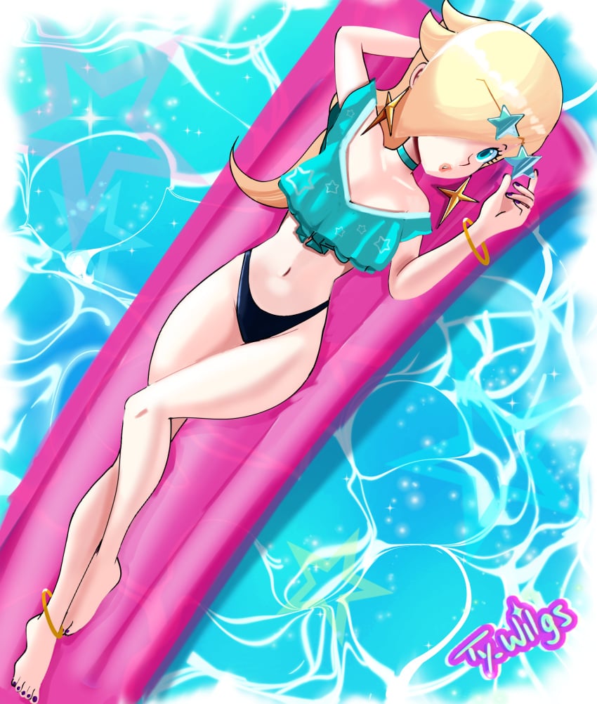 1girls blonde_female blonde_hair blue_eyes feet female female_only full_length mario_(series) pool_toy princess_rosalina solo star-shaped_eyewear sunglasses_on_head swimwear ty_wilgs water