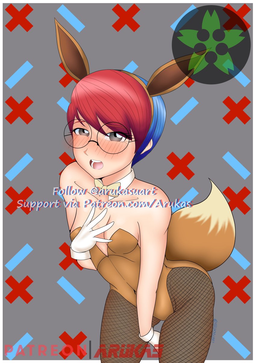 arukas bent_over blue_hair blush blushing bunny_ears bunnysuit eevee_(cosplay) embarrassed fishnets glasses grey_eyes penny_(pokemon) pettanko pokemon pokemon_(cosplay) pokemon_sv red_hair short_hair small_breasts team_star