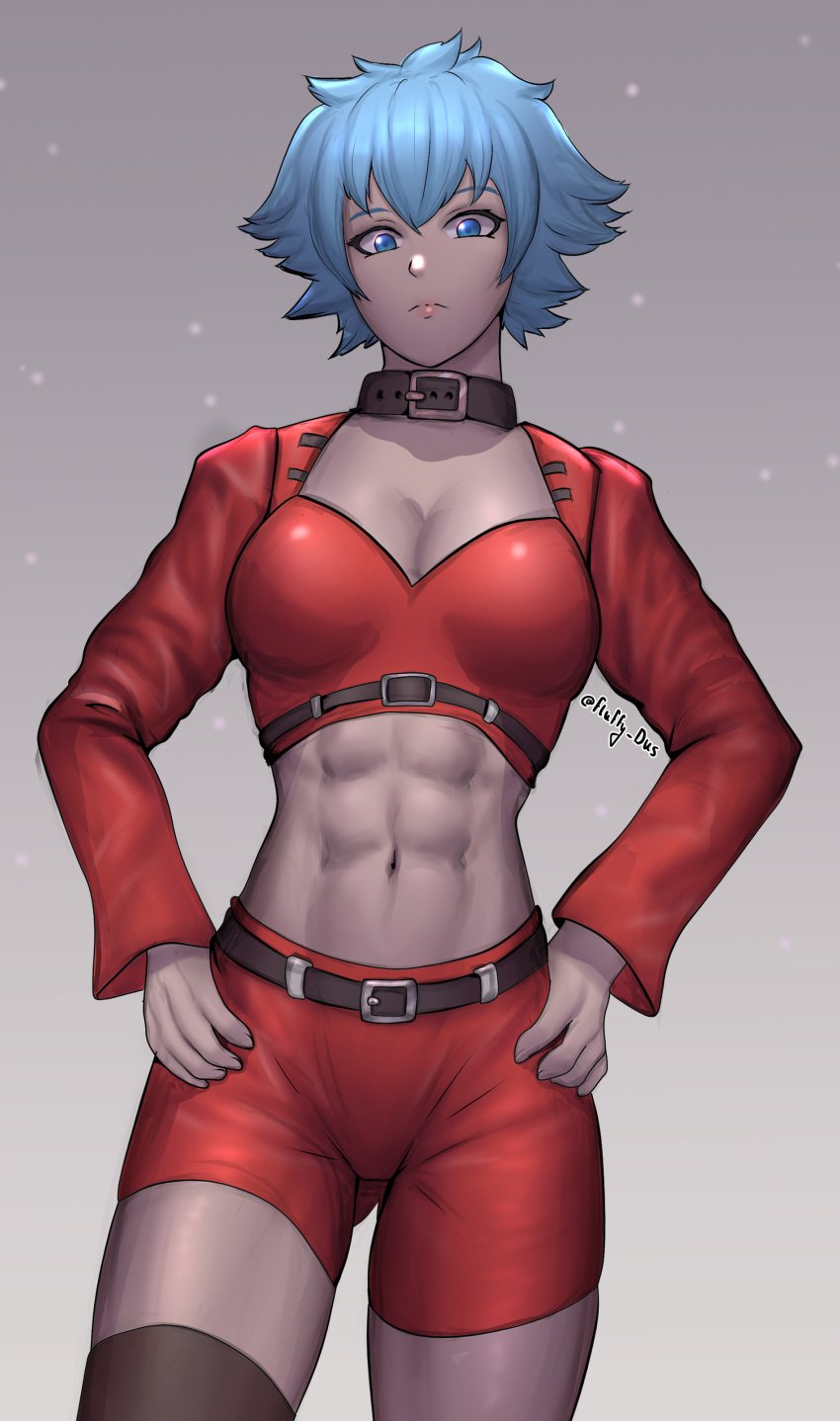 1girls abs blue_eyes blue_hair capcom dark-skinned_female exposed_torso fluffydus hands_on_hips looking_at_viewer mega_man mega_man_legends muscular_female npc solo standing toned_female