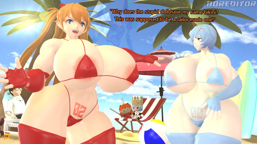 2girls 3d 3d_(artwork) angry angry_face ass asuka_langley_sohryu beach beach_ball beach_chair beach_umbrella big_breasts bikini blue_bikini blue_eyes blue_hair boreditor breasts breasts_bigger_than_head busty curvy dialogue female female_focus gainax gigantic_breasts high_resolution highres huge_breasts human kuudere large_breasts light-skinned_female light_skin long_hair massive_breasts meme neon_genesis_evangelion number_tattoo open_mouth orange_hair pale-skinned_female pale_skin pubic_tattoo red_bikini red_eyes red_hair rei_ayanami rei_chikita sfm shinji_ikari short_hair source_filmmaker stockings string_bikini swimsuit tattoo text thick_thighs thighhighs tsundere twintails voluptuous wide_hips