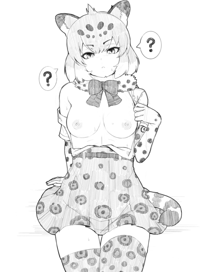 ? animal_ear_fluff animal_ears bangs bow bowtie breasts commentary_request cowboy_shot deku_suke female fur_collar greyscale hair_between_eyes highres jaguar_(kemono_friends) jaguar_print kemono_friends looking_at_viewer medium_breasts monochrome nipples no_bra off_shoulder open_clothes open_shirt print_legwear print_skirt simple_background single_bare_shoulder skirt solo spoken_question_mark tail thigh_gap thighhighs