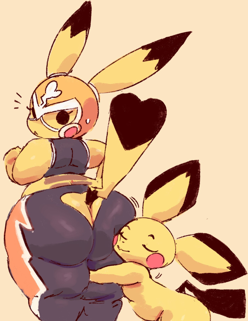 1boy 1girls anthro appreciation ass ass_cleavage ass_to_face big_ass bubble_butt butt_crack clothing cosplay_pikachu eyes_closed female huge_ass hugging hugging_ass kiseff looking_at_another looking_back male nintendo pichu pikachu pikachu_libre pokémon_(species) pokemon smile thick_thighs wide_hips