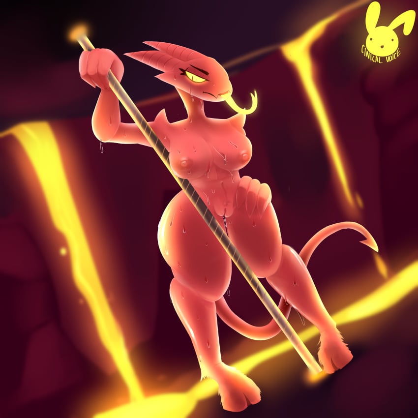 absurd_res anthro big_(disambiguation) big_breasts bodily_fluids breasts cinicalvoice demon demon_dragon dragon female glowing glowing_eyes glowing_tongue hell hewll hi_res horn lava lucia_(satina) pole satina_wants_a_glass_of_water solo stripper_pole sweat sweatdrop thick_thighs tongue tongue_out