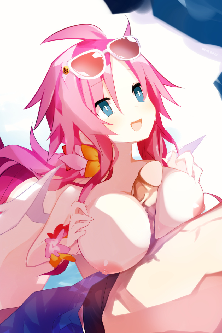 1boy alternate_breast_size angel angel_girl artina blue_eyes blush breasts disgaea disgaea_4 eyewear_on_head female hair_intakes highres huge_breasts large_breasts long_hair looking_at_viewer nanozenzen navel nipples nippon_ichi_software paizuri pink_hair sidelocks smile sunglasses wholesome